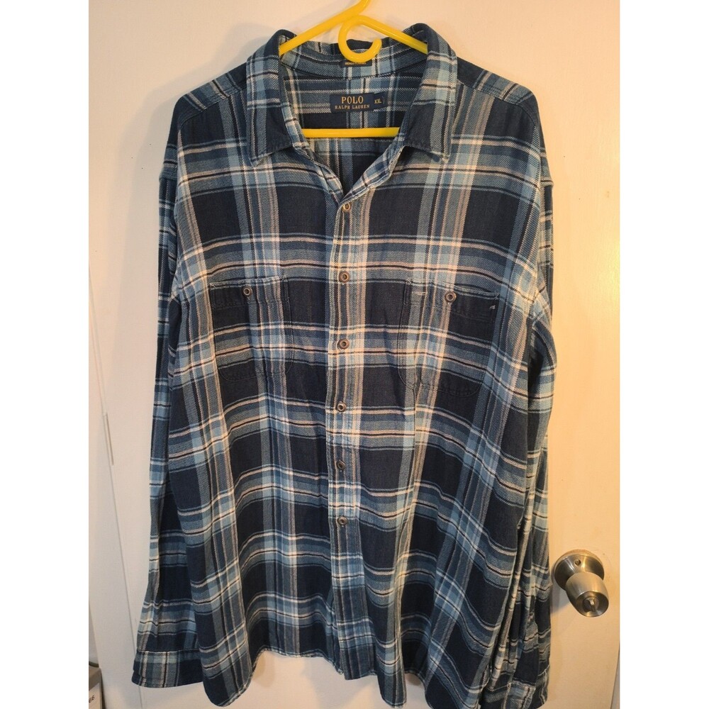 Polo Ralph Lauren Indigo Flannel Shirt Men XXL 2XL Blue Plaid Plaid Overshirt